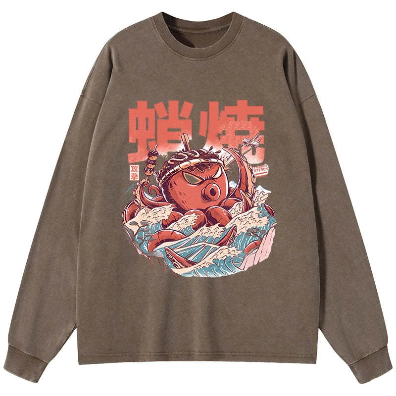 Tokyo-Tiger The Great Wave Takoyaki Japanese Washed Long Sleeve T-Shirt
