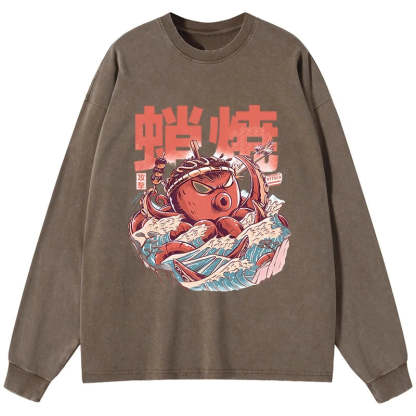 Tokyo-Tiger The Great Wave Takoyaki Japanese Washed Long Sleeve T-Shirt