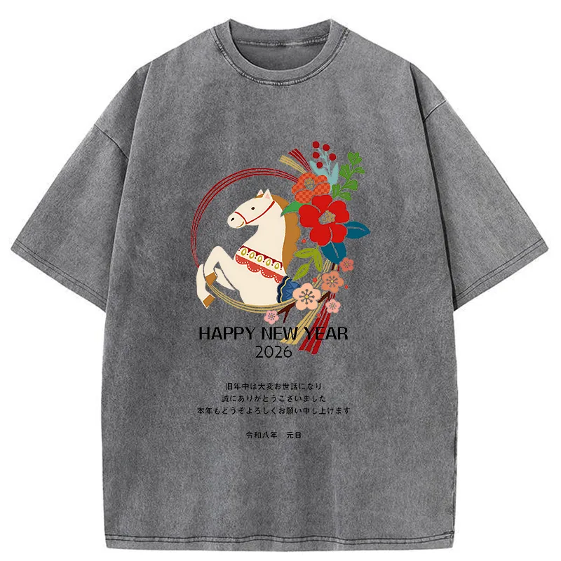 Tokyo-Tiger Happy New Year Fire Horse Washed T-Shirt