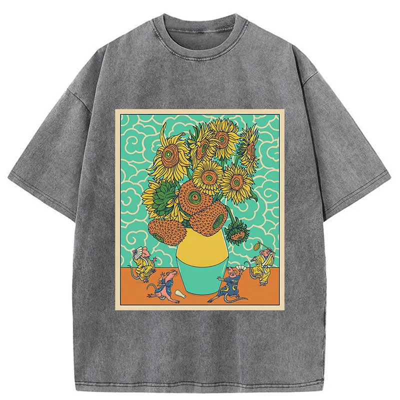 Tokyo-Tiger Japanese Mouse Dancing Sunflower Washed T-Shirt