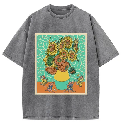 Tokyo-Tiger Japanese Mouse Dancing Sunflower Washed T-Shirt