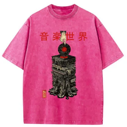 Tokyo-Tiger Retro Music Records Washed T-Shirt