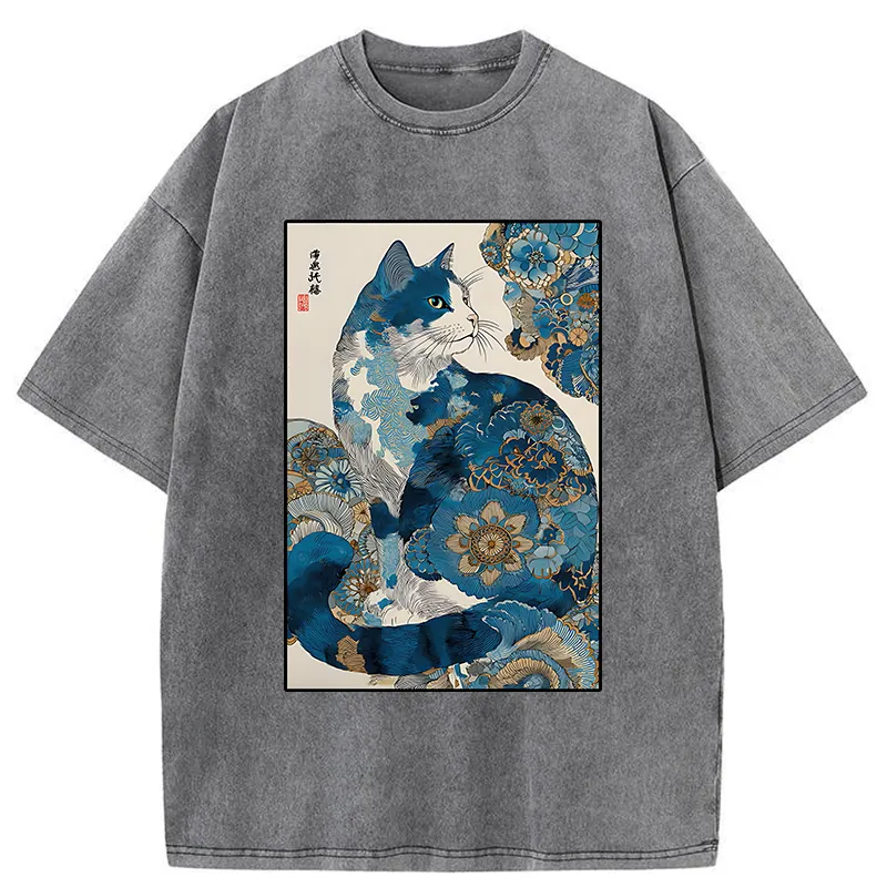 Tokyo-Tiger Japanese Ukiyo-e Flowers Cat Washed T-Shirt