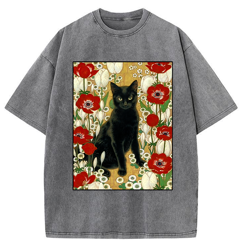 Tokyo-Tiger Black Cat In The Garden Washed T-Shirt