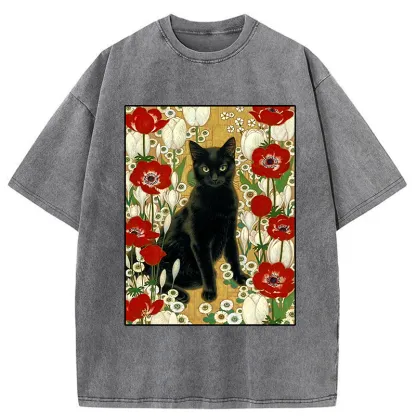 Tokyo-Tiger Black Cat In The Garden Washed T-Shirt