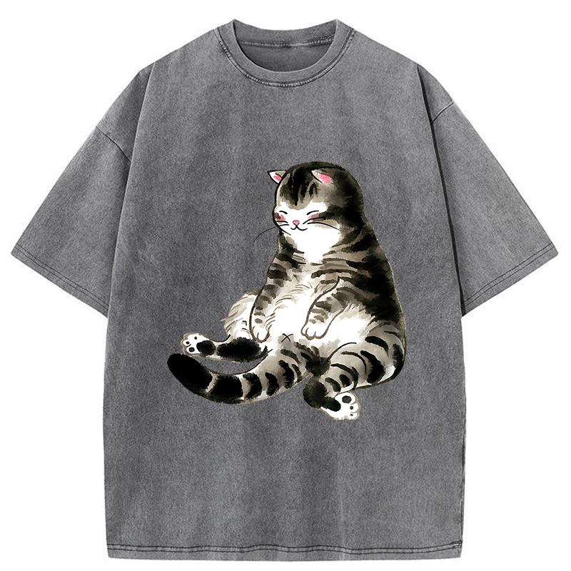 Tokyo-Tiger Ink Painting Cute Cat Washed T-Shirt