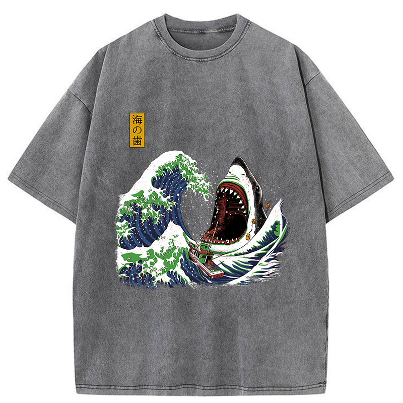 Tokyo-Tiger The Great Wave Ukiyoe Shark Washed T-Shirt