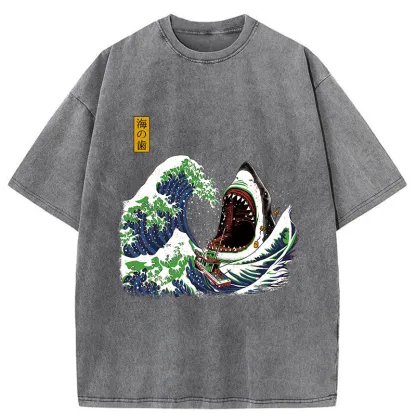 Tokyo-Tiger The Great Wave Ukiyoe Shark Washed T-Shirt