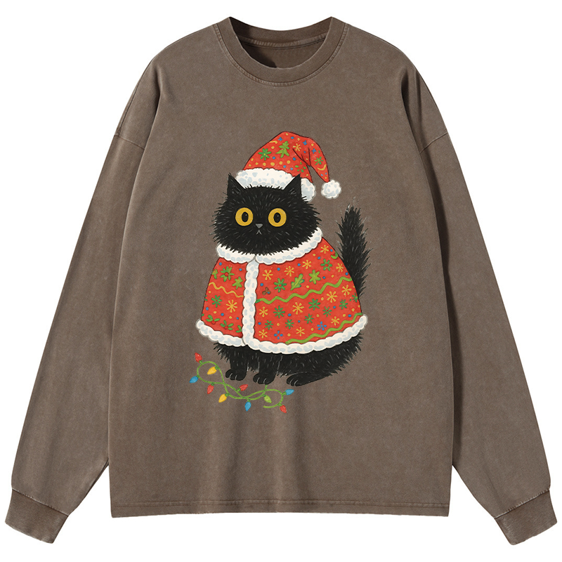 Tokyo-Tiger Cat Wearing Santa Hat Washed Long Sleeve T-Shirt