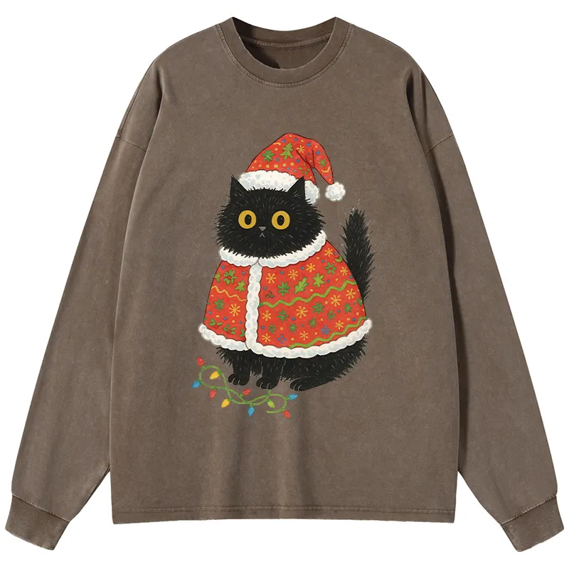 Tokyo-Tiger Cat Wearing Santa Hat Washed Long Sleeve T-Shirt