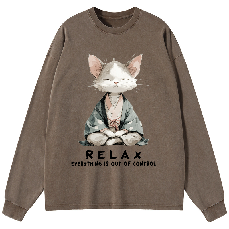 Tokyo-Tiger Zen Cat Relaxation，Everything's Out Of Control Washed Long Sleeve T-Shirt