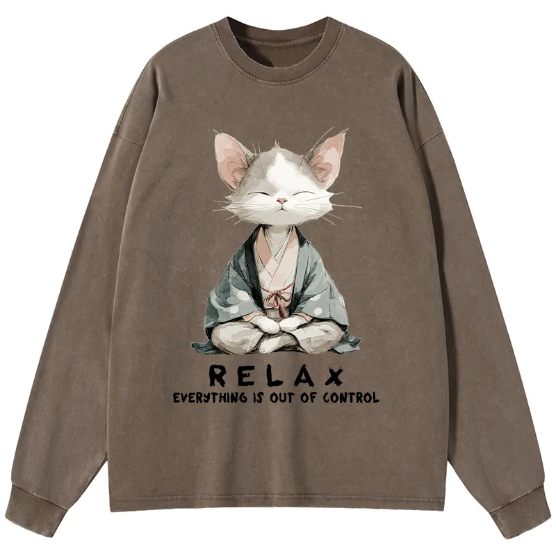 Tokyo-Tiger Zen Cat Relaxation，Everything's Out Of Control Washed Long Sleeve T-Shirt