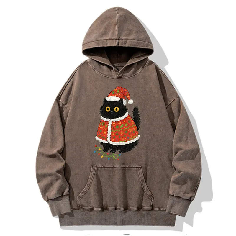 Tokyo-Tiger Cat Wearing Santa Hat Washed Hoodie