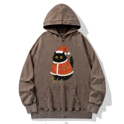 Tokyo-Tiger Cat Wearing Santa Hat Washed Hoodie