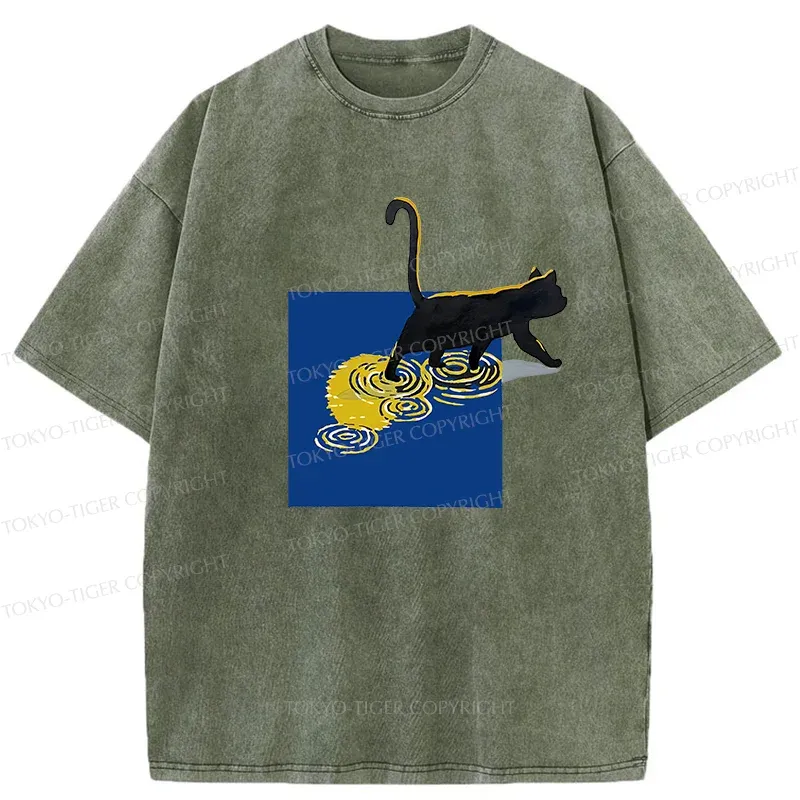 Tokyo-Tiger Black Cat Under The Moon Washed T-Shirt