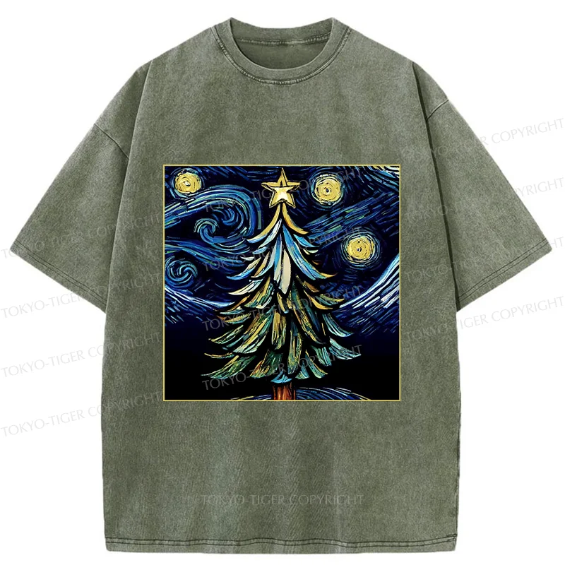 Tokyo-Tiger Christmas Tree Under The Starry Night Washed T-Shirt