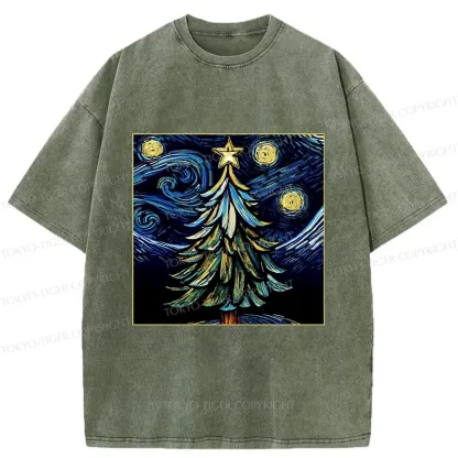 Tokyo-Tiger Christmas Tree Under The Starry Night Washed T-Shirt