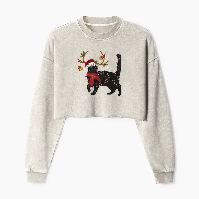 Tokyo-Tiger Christmas Black Cat Washed Crop Sweatshirt