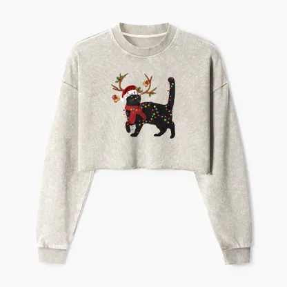 Tokyo-Tiger Christmas Black Cat Washed Crop Sweatshirt