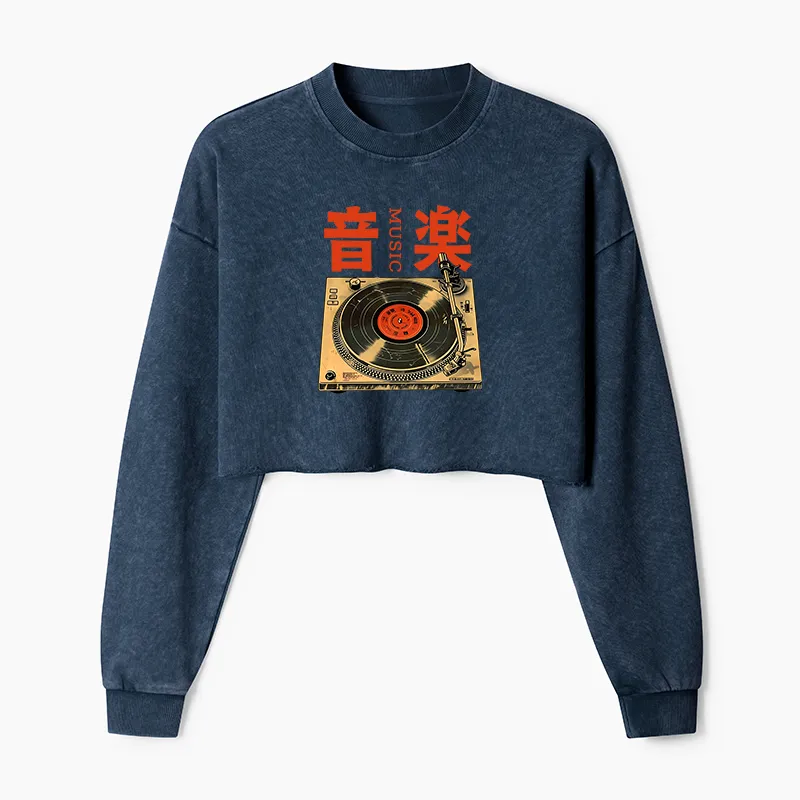Tokyo-Tiger Retro Music Record Player Washed Crop Sweatshirt