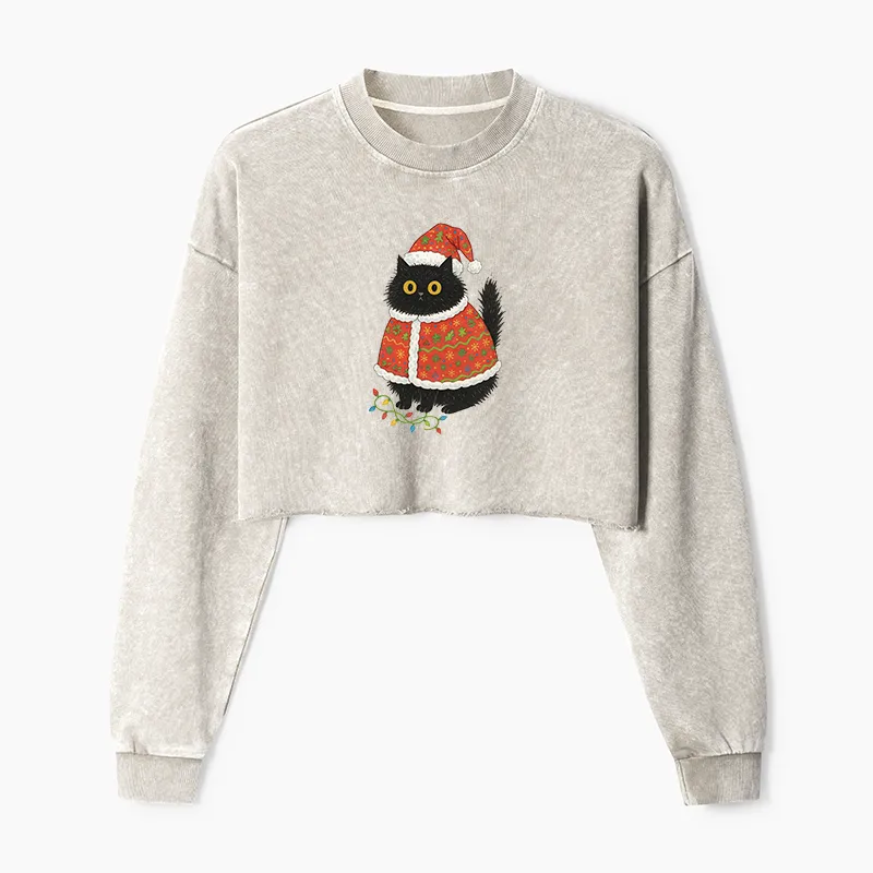 Tokyo-Tiger Cat Wearing Santa Hat Washed Crop Sweatshirt
