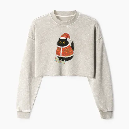 Tokyo-Tiger Cat Wearing Santa Hat Washed Crop Sweatshirt