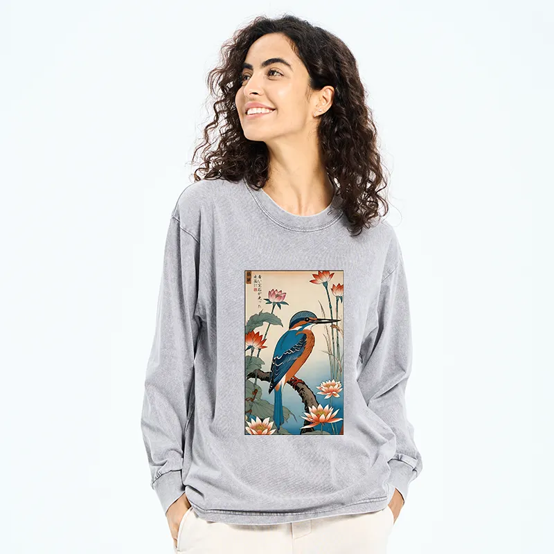 Tokyo-Tiger Ukiyo-e Kingfisher Washed Long Sleeve T-Shirt