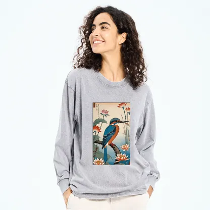 Tokyo-Tiger Ukiyo-e Kingfisher Washed Long Sleeve T-Shirt