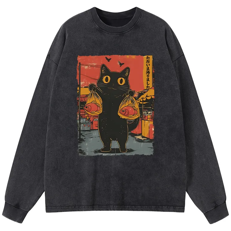Tokyo-Tiger Cat Fishing Japanese Washed Long Sleeve T-Shirt
