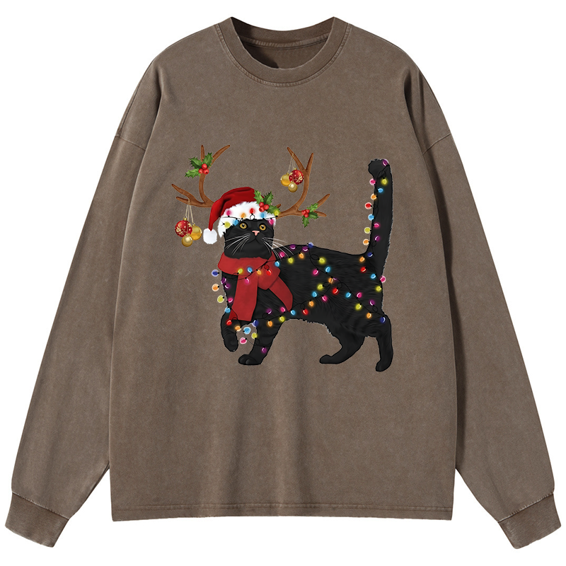 Tokyo-Tiger Christmas Black Cat Washed Long Sleeve T-Shirt