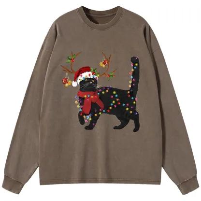Tokyo-Tiger Christmas Black Cat Washed Long Sleeve T-Shirt