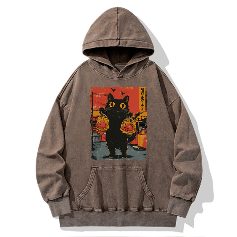 Tokyo-Tiger Cat Fishing Japanese Washed Hoodie