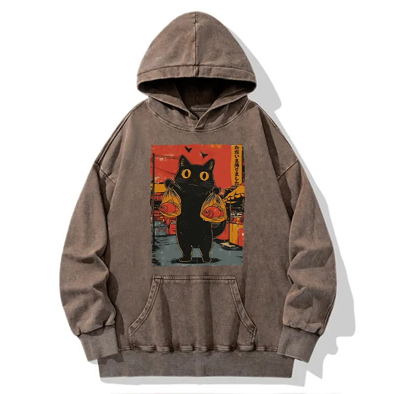 Tokyo-Tiger Cat Fishing Japanese Washed Hoodie