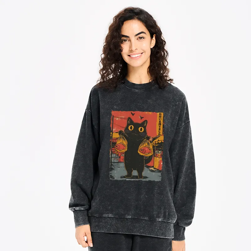 Tokyo-Tiger Cat Fishing Japanese Washed Sweatshirt