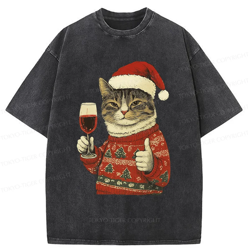 Tokyo-Tiger Christmas Cat Likes Washed T-Shirt