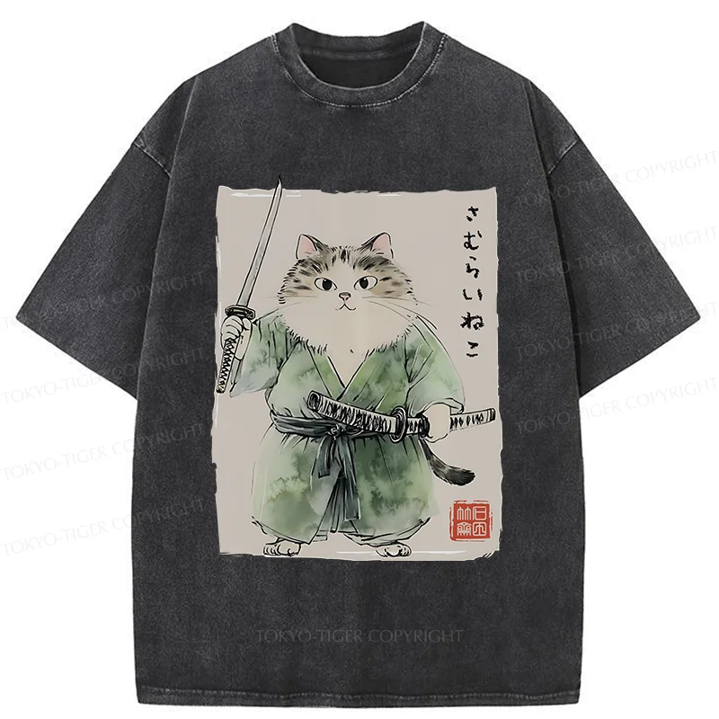 Tokyo-Tiger Fat Cat Samurai Washed T-Shirt