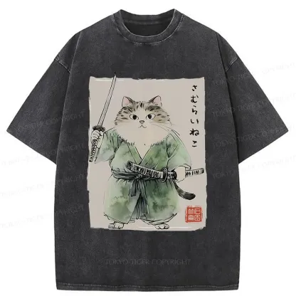 Tokyo-Tiger Fat Cat Samurai Washed T-Shirt