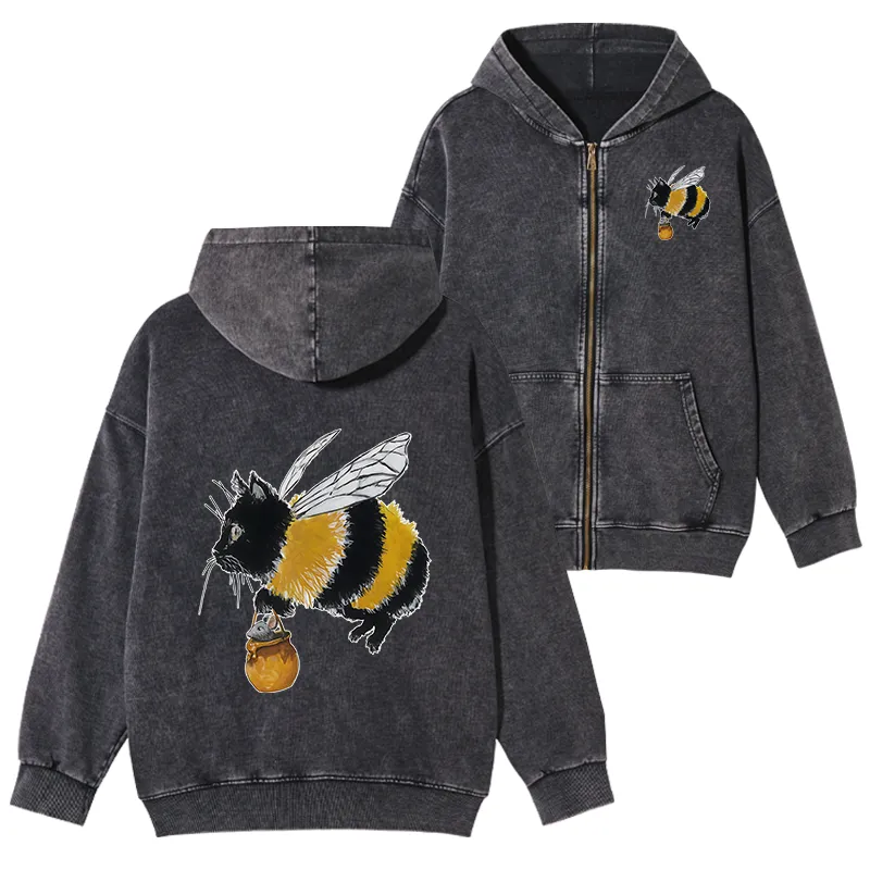 Tokyo-Tiger  Catbee Funny Washed Zip Hoodie
