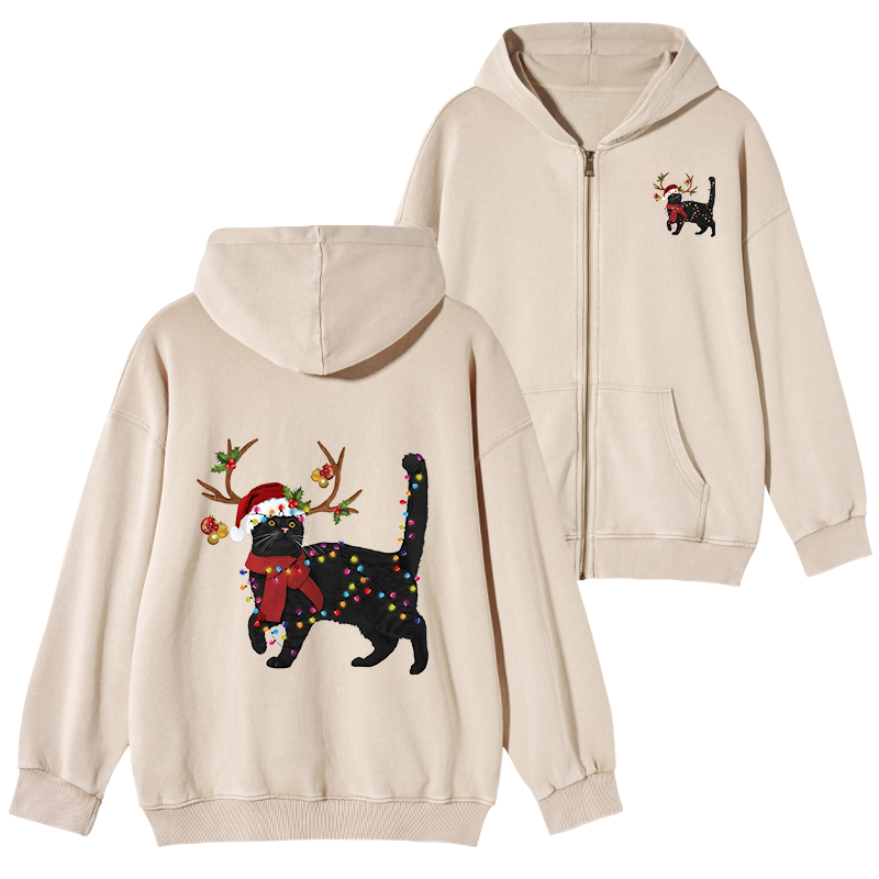 Tokyo-Tiger Christmas Black Cat Washed Zip Hoodie