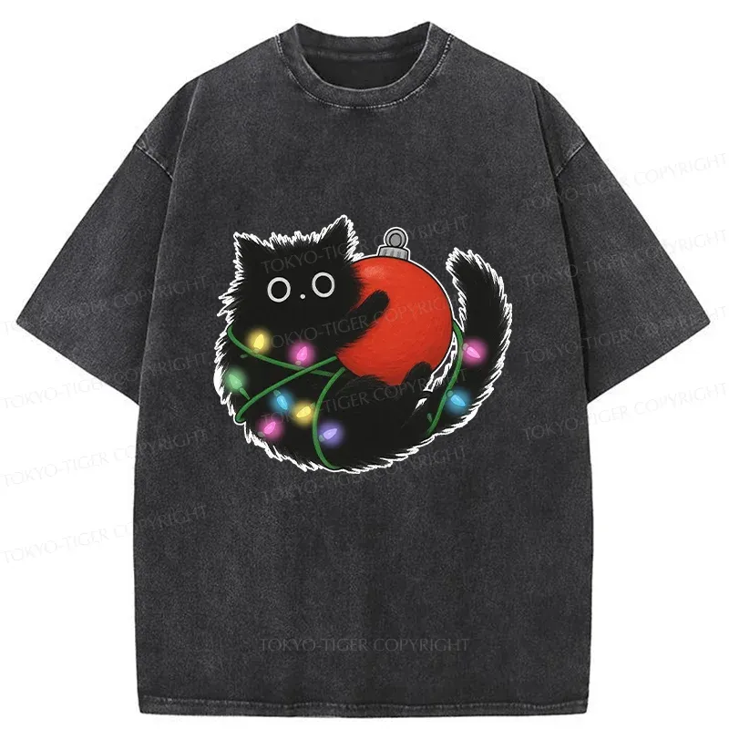 Tokyo-Tiger Black Cat Entangled In Light Strips Washed T-Shirt Sale