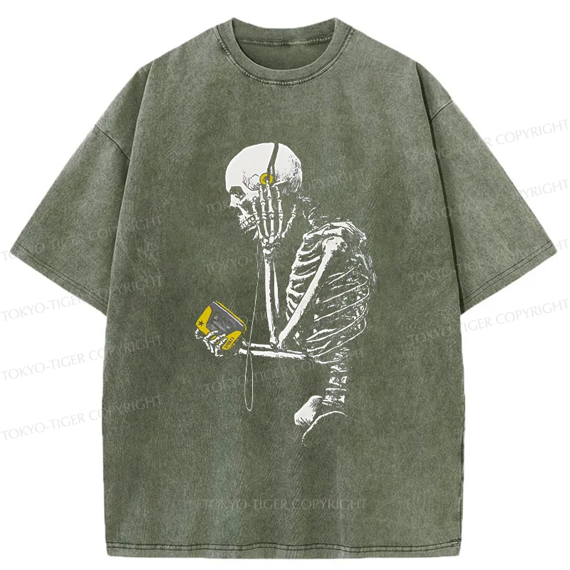 Tokyo-Tiger Skeleton Listening To Music Washed T-Shirt