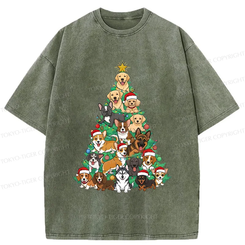 Tokyo-Tiger Christmas Tree Dog Funny Washed T-Shirt