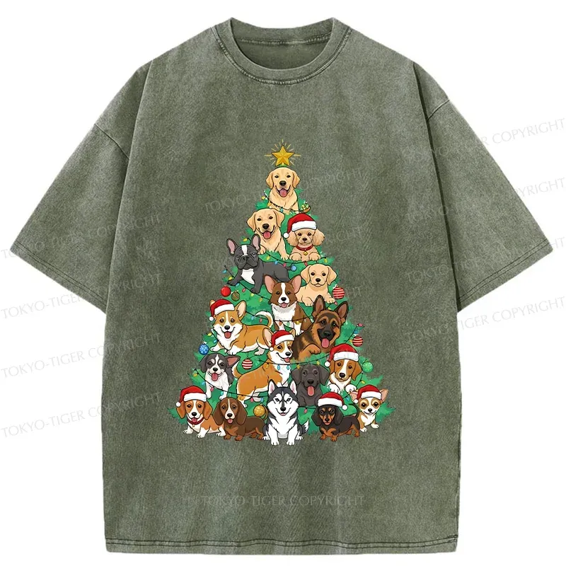 Tokyo-Tiger Christmas Tree Dog Funny Washed T-Shirt