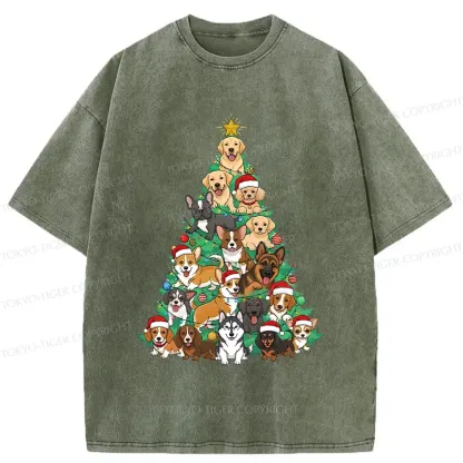 Tokyo-Tiger Christmas Tree Dog Funny Washed T-Shirt