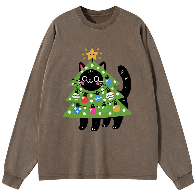 Tokyo-Tiger Christmas Tree Cat Washed Long Sleeve T-Shirt