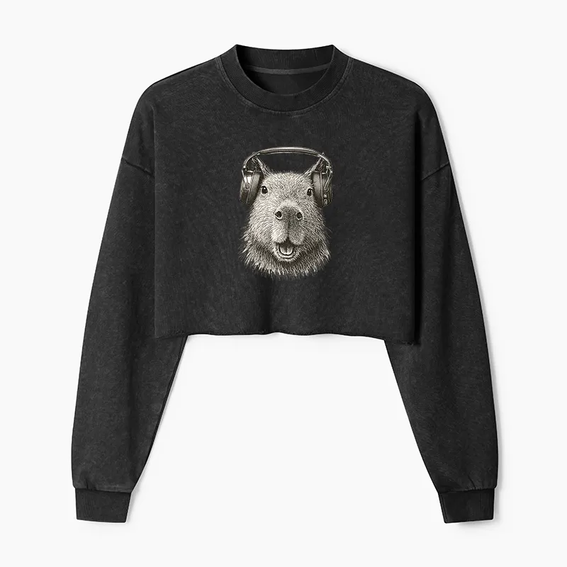 Tokyo-Tiger Capybara Listening To Music Washed Crop Sweatshirt