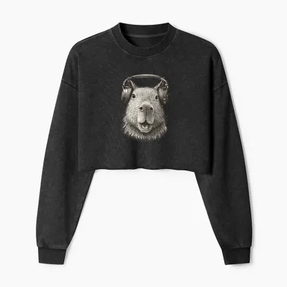Tokyo-Tiger Capybara Listening To Music Washed Crop Sweatshirt
