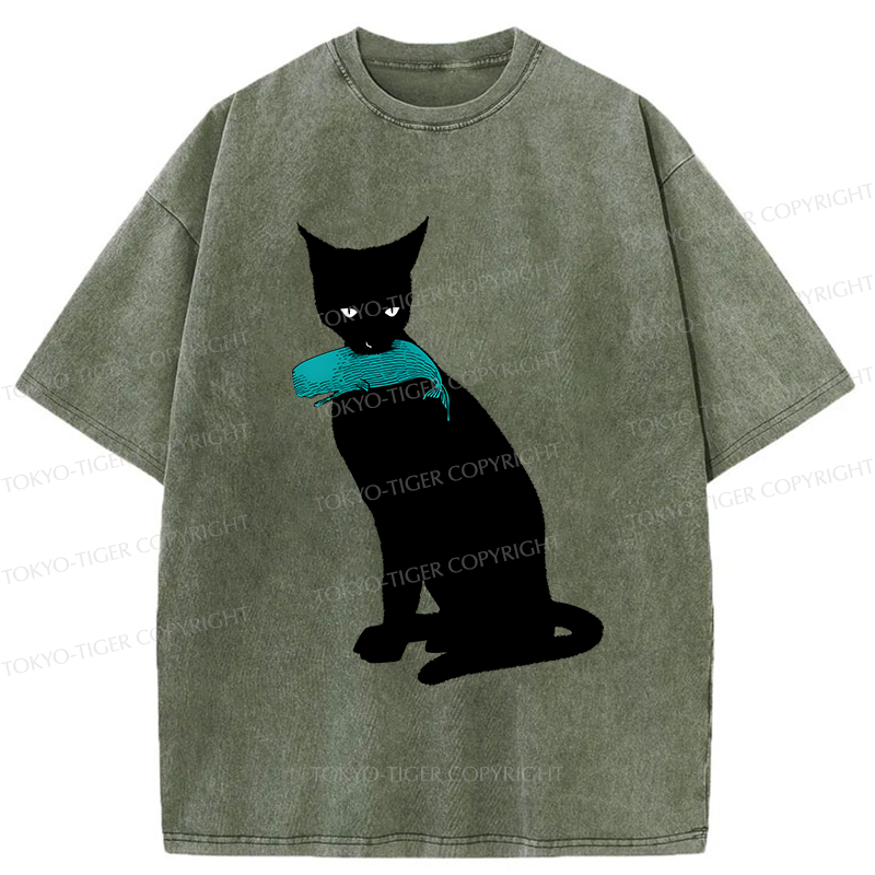 Tokyo-Tiger Cat Eats Whale Washed T-Shirt