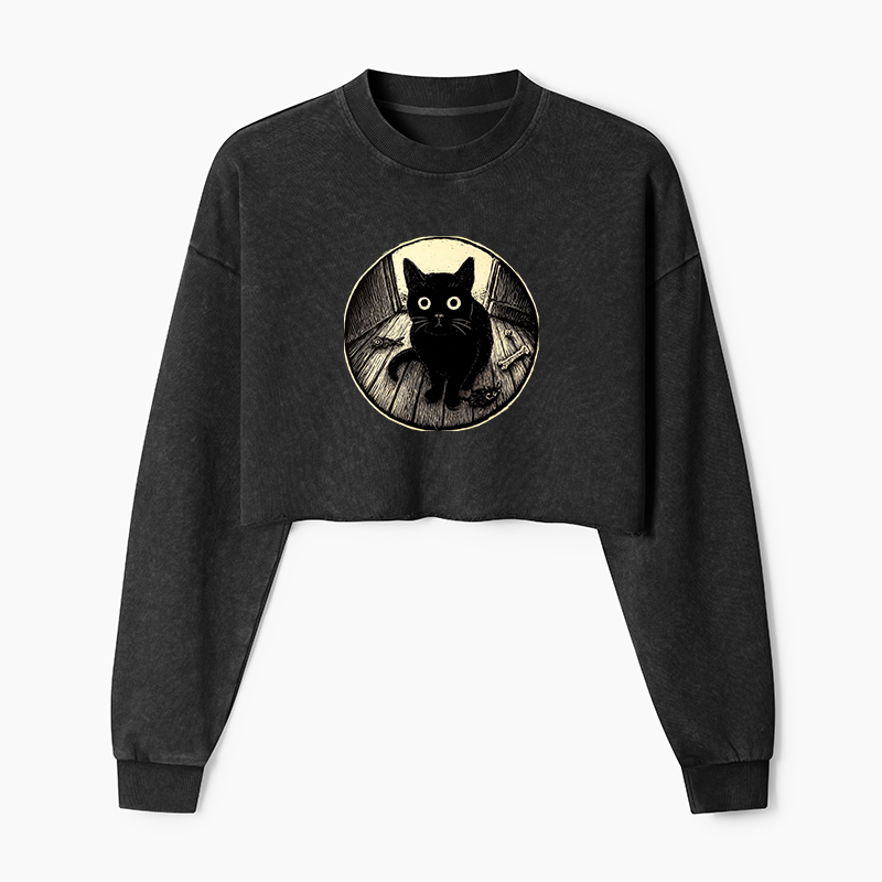 Tokyo-Tiger Waiting Black Cat Washed Crop Sweatshirt