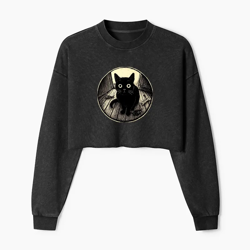 Tokyo-Tiger Waiting Black Cat Washed Crop Sweatshirt